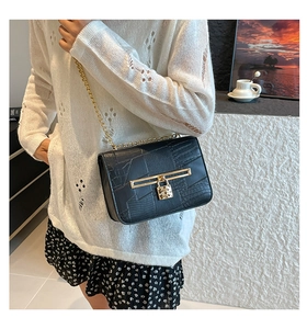 Detail of crossbody bag featuring mixed textures and golden chain strap on a model