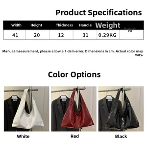 Detailed size specifications and material chart for the PU leather minimalist shoulder bag
