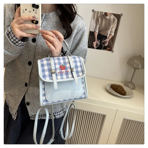 Detail of blue gingham mini bag featuring red apple print and clear PVC front pocket