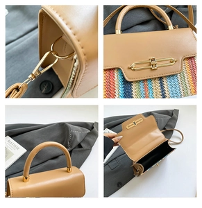 Detailed views of rainbow stripe woven bag with khaki leather trim and gold hardware