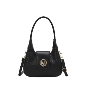 Elegant black woven leather shoulder bag with gold M-logo buckle and top handle