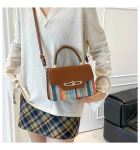 Detail showing the colorful woven stripes and elegant gold metal lock on the brown bag