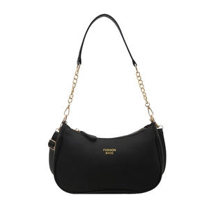 Fashionable black lychee grain underarm bag with gold chain and zipper closure