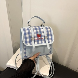 Mini Versatile Multi Functional Bag PU Leather Gingham Fabric Red Apple Embroidery Preppy Style Handheld Shoulder Bag