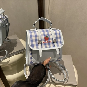 Blue and purple gingham mini backpack with apple motif and top handle for women