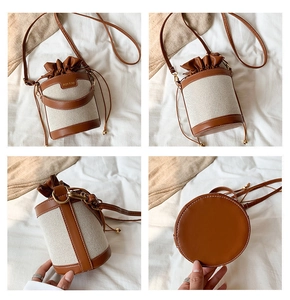 Detail view of canvas and brown leather bucket bag with drawstring closure from four angles