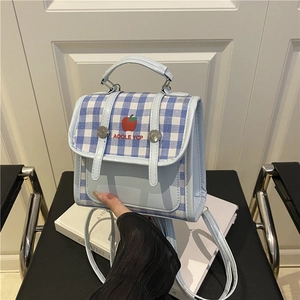 Fashionable light blue plaid crossbody handbag with apple pattern and magnetic closure