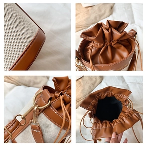 Detail shots of canvas bucket bag showing stitching, drawstring and gold hardware