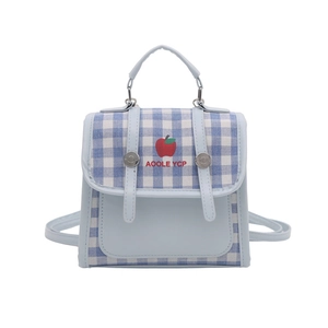 Blue and white checkered mini backpack with red apple print and faux leather trim