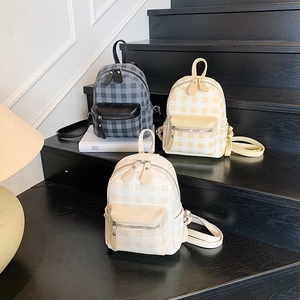 Damen Mini Rucksack PU Leder Gingham Karo Muster Modisch Preppy Stil Kleine Reisetasche Verstellbare Riemen