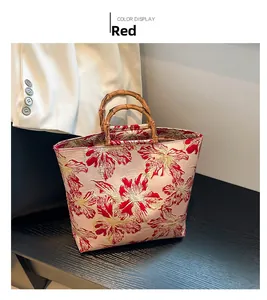 Detailed close-up of Jacquard floral tote with bamboo handle and red silk finish