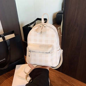 Mini-Rucksack mit cremigem Karomuster, Doppelreißverschluss und Griff im College-Stil