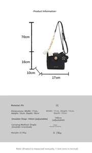 Detailed size chart for black PU bucket bag with dimensions 17x16x10cm and floral charm