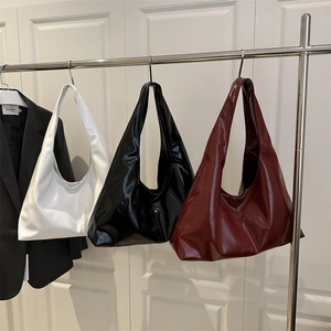 Women Shiny PU Leather Hobo Bag Large Capacity Underarm Tote Casual Shoulder Handbag Solid Color Fashion Versatile