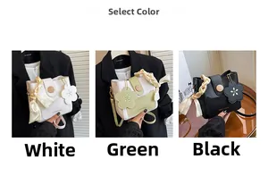 Detailed views of women's handbags in white, green, and black with floral charms and wooden buckles