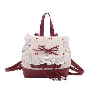 Kawaii ballet-style red leather mini backpack with lace trim and bow accent
