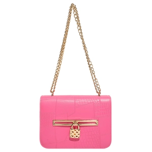 Pink faux crocodile leather crossbody bag with heart lock and gold chain strap