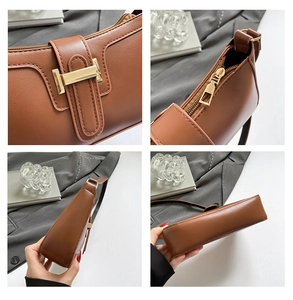 Detailaufnahmen der braunen matten Ledertasche mit goldenen Beschlägen und Seitenprofil