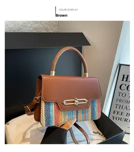 Detail of a brown crossbody bag featuring rainbow woven texture and gold metal buckle