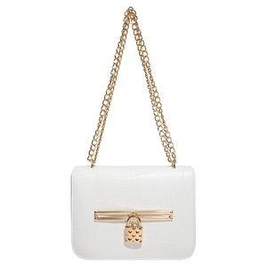 White faux leather crossbody bag with crocodile pattern, gold chain and heart padlock detail