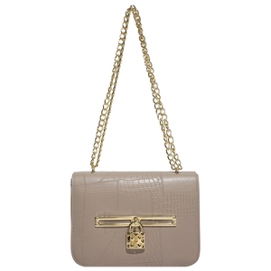 Elegant beige croc-embossed chain shoulder bag with heart lock pendant and gold metal bar