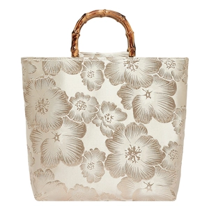 Beige floral jacquard tote bag with authentic bamboo top handles and oriental embroidery