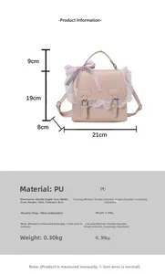 Size chart showing pink PU leather backpack dimensions with 21x19x8cm measurements