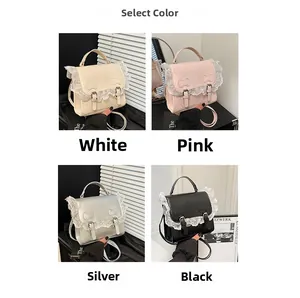 Lace-trimmed square handbags in white, pink, silver, and black colors for women