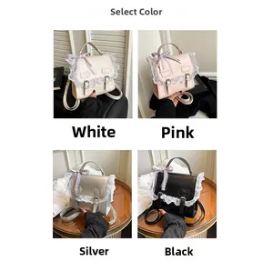 Lace-trimmed PU leather backpacks in white, pink, silver, and black with bow details