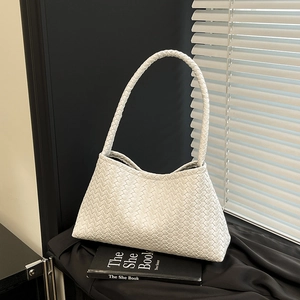 Chic white woven leather underarm shoulder bag with signature Intrecciato texture and top handle