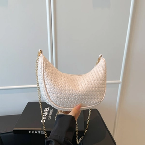 Minimalist white woven crescent shoulder bag with golden chain strap for women