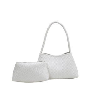 White woven leather handbag set with matching clutch, minimalist luxury tote bag