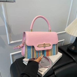 Pink leather and rainbow woven straw small square handbag with golden twist lock