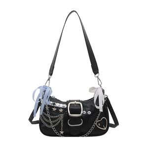 Black Y2K punk shoulder bag with silver buckles, metal chains, and bow details