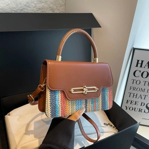 Chic woven leather handbag with gold buckle and shoulder strap in black gift box
