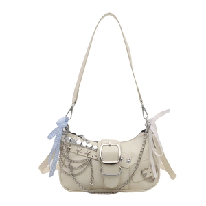 Minimalist cream shoulder bag with silver chains, star studs and a checkered bow detail