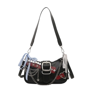 Gothic punk black PU leather underarm bag with silver chains and star rivets