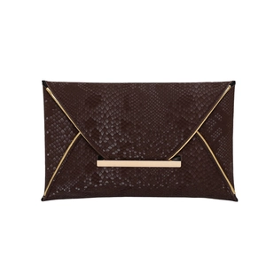 Dark brown envelope clutch bag with snake skin texture and gold metal frame detailing
