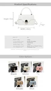 Detail showing dimensions of 22x13x7cm for the PU leather flap bag with metal ring lock
