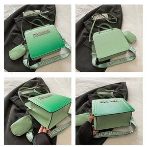 Detail of gradient green trapezoid handbag with wide logo strap and mini coin purse