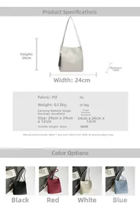 Detailed size chart for minimalist PU tote bag showing dimensions and four available colors