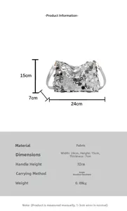 Detailed sizing information for the silver sequin shoulder bag including dimensions and weight