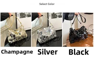 Three sequin shoulder bags in champagne, silver, and black with shiny metallic finish