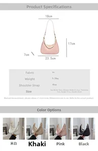 Detailed size specifications and color display for semi-circular pearl chain shoulder bag