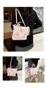 Detailed view of pink Lolita backpack with lace trim and bow accents worn by model