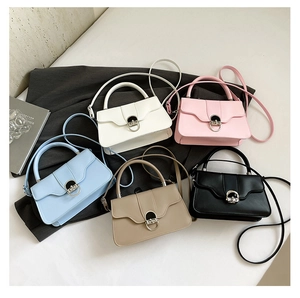 Detail shot of flap crossbody bags in five colors with silver semi-circular locks