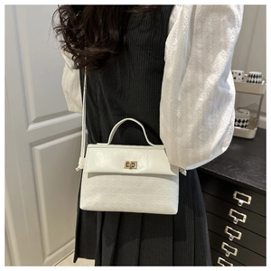 Detail of white embossed leather handbag with gold twist lock and fine M-pattern texture