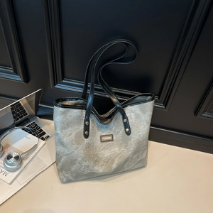 Grey marble pattern tote bag with black handles, minimalist office style work handbag
