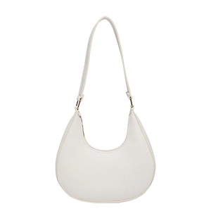 White crescent underarm bag with litchi grain texture and elegant gold hardware
