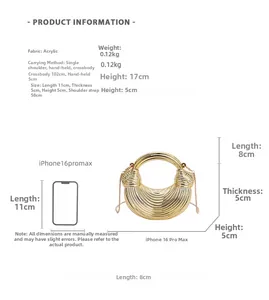 Size chart showing glossy acrylic handbag dimensions compared to an iPhone 16 Pro Max